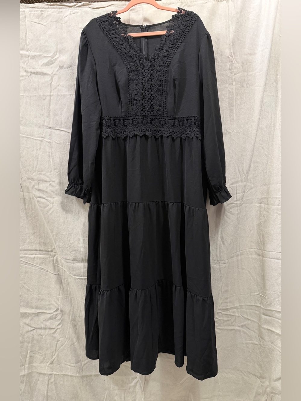 Black Crochet-Trim Long Sleeve Midi Dress